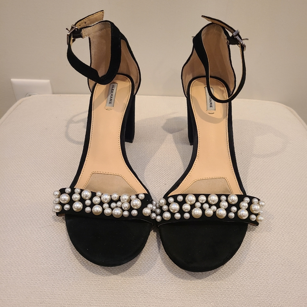 Alex Marie Open Toe Pearl Strap Velvet Wrapped Block Heel Shoes - Picture 2 of 6